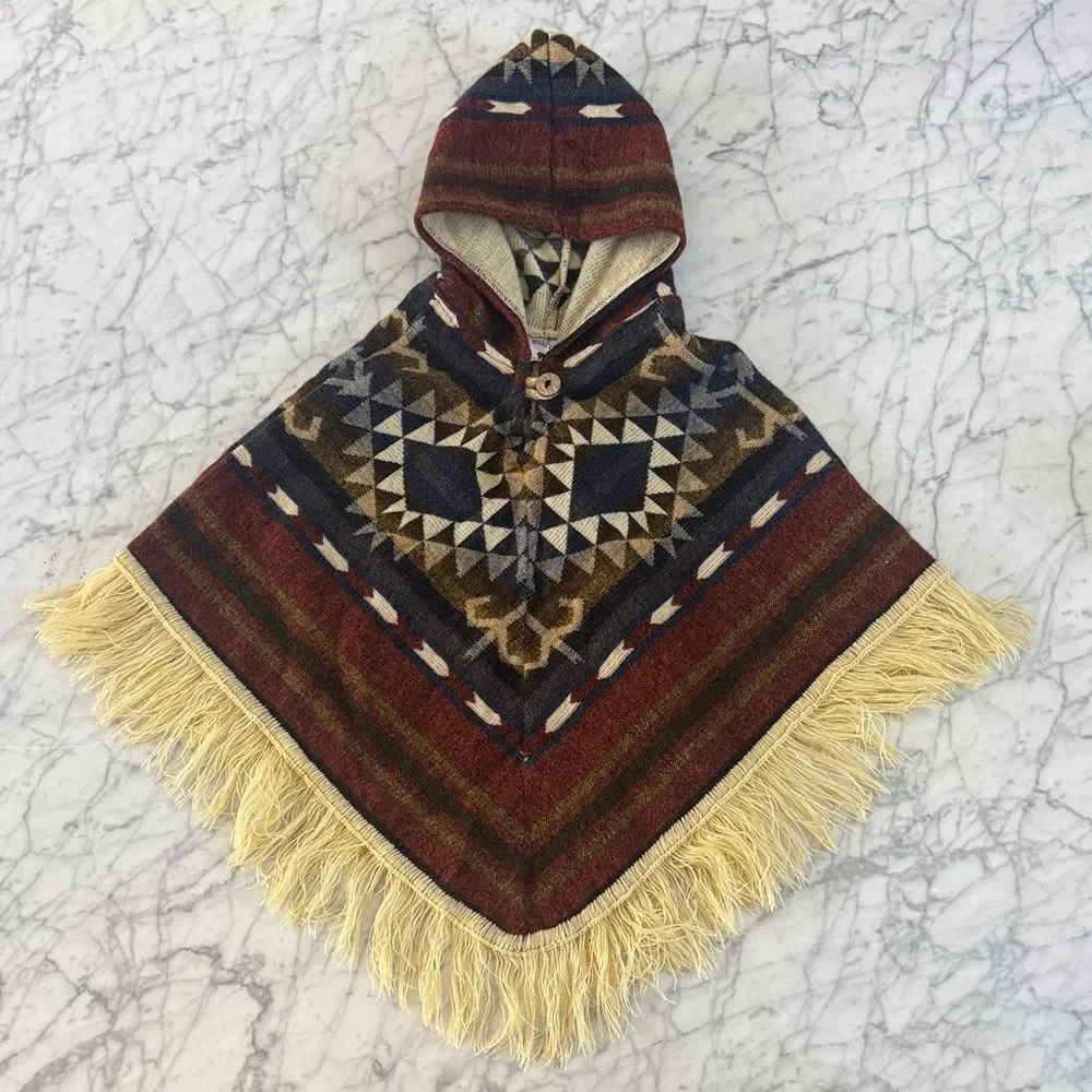 Kids Poncho Sz 4-6Y Geometric Patterned Hooded Poncho Fringe Tejidos Mary